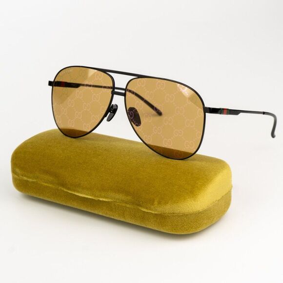 NEW Gucci GG1677S 005 Black Yellow Mirror Logo Pilot Unisex Sunglasses - Picture 1 of 12
